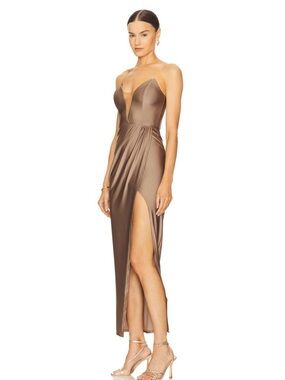 Michael Costello x REVOLVE Bronze Strapless Satin High Slit Evening Gown